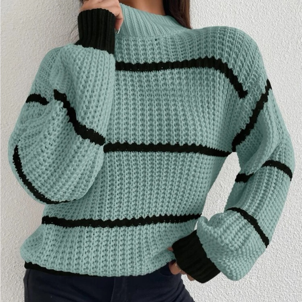 Striped Mock Neck Drop Shoulder Turtleneck Sweater